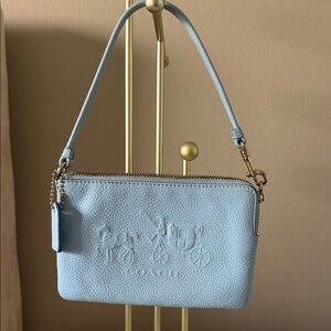 Coach Light Blue Pebbled Leather Wristlet with Carriage Emboss